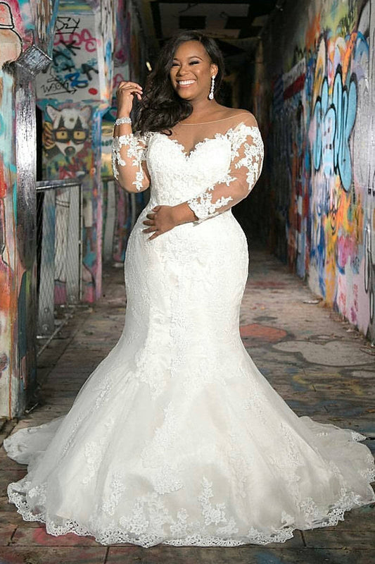 Mermaid Sweetheart Floor Length Long Sleeves Tulle Applique Wedding Dress