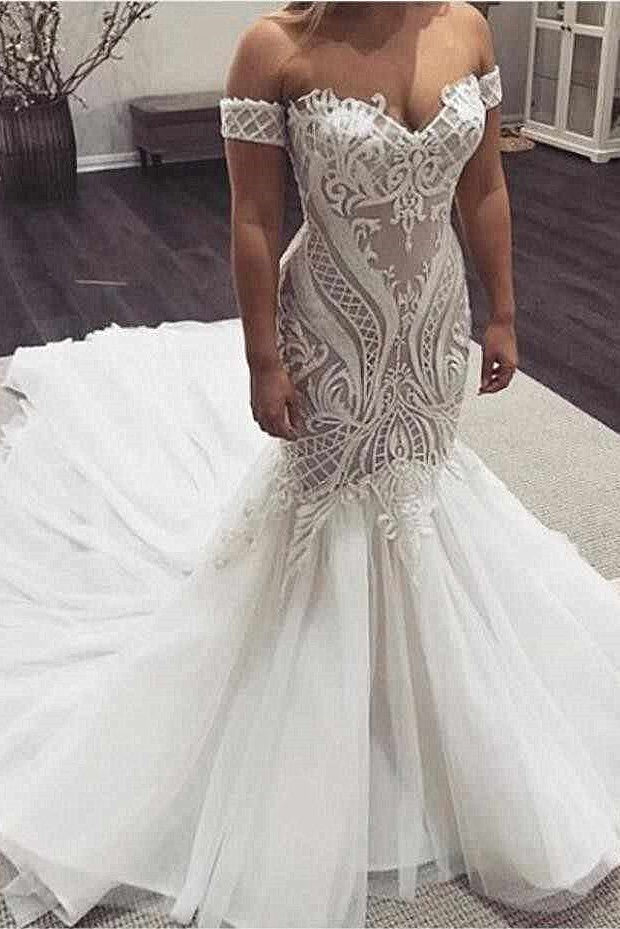 Mermaid Sweetheart Long Train Tulle Applique Wedding Dress