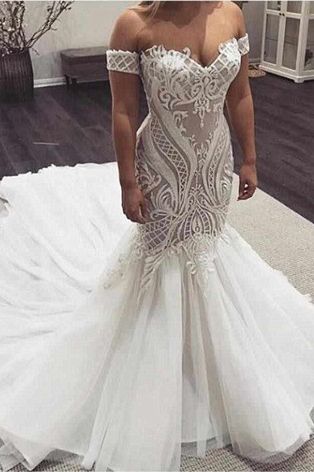 Mermaid Sweetheart Long Train Tulle Applique Wedding Dress