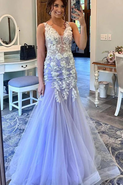 Kelsey | Mermaid Prom Dresses Floral Dress Formal Sweep Train Sleeveless V Neck Tulle with Ruffles Appliques