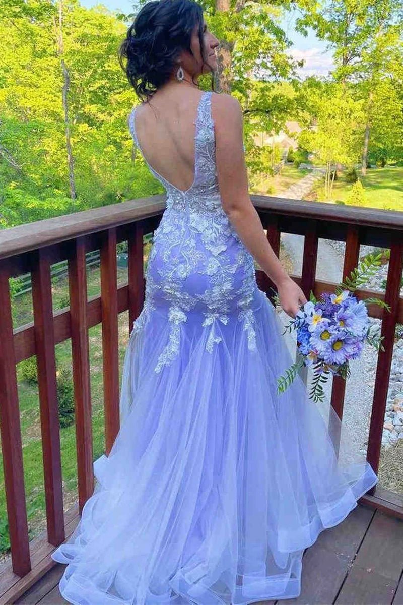 Kelsey | Mermaid Prom Dresses Floral Dress Formal Sweep Train Sleeveless V Neck Tulle with Ruffles Appliques