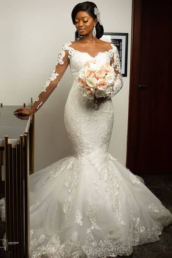 Mermaid V-neck Floor Length Long Sleeves Tulle Applique Wedding Dress