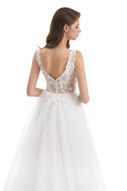 Mermaid V-neck Floor-length Sleeveless Backless Appliques Lace Wedding Dress