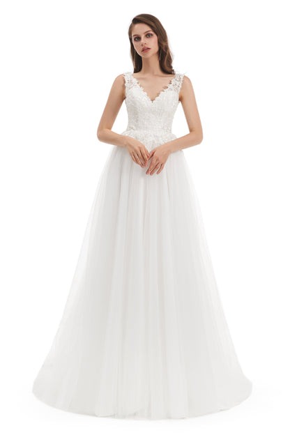 Mermaid V-neck Floor-length Sleeveless Backless Appliques Lace Wedding Dress