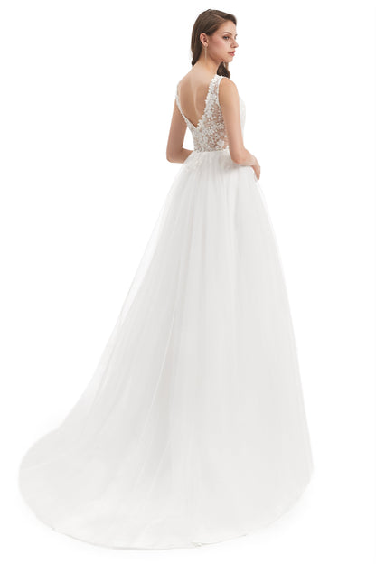 Mermaid V-neck Floor-length Sleeveless Backless Appliques Lace Wedding Dress