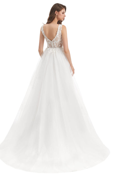 Mermaid V-neck Floor-length Sleeveless Backless Appliques Lace Wedding Dress