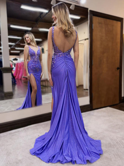 Lunarise | Mermaid V Neck Purple Satin Long Prom Dresses with Beading