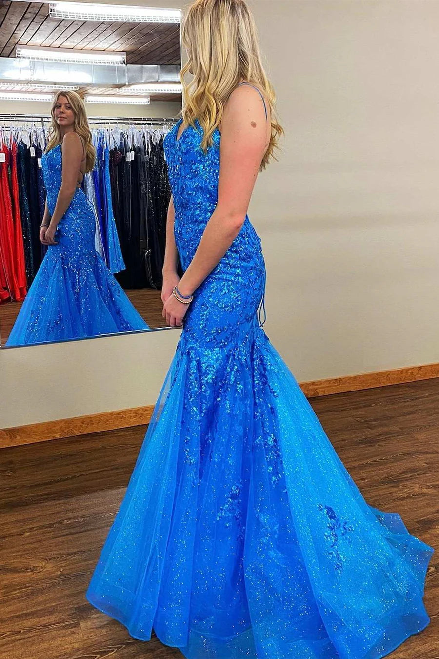 Zadie | Mermaid V Neck Sequins Lace Long Prom Dresses with Appliques