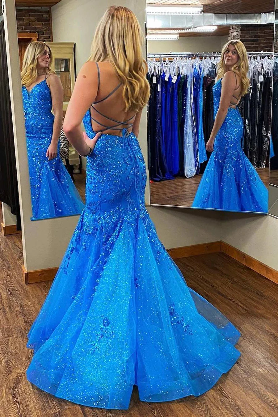 Zadie | Mermaid V Neck Sequins Lace Long Prom Dresses with Appliques