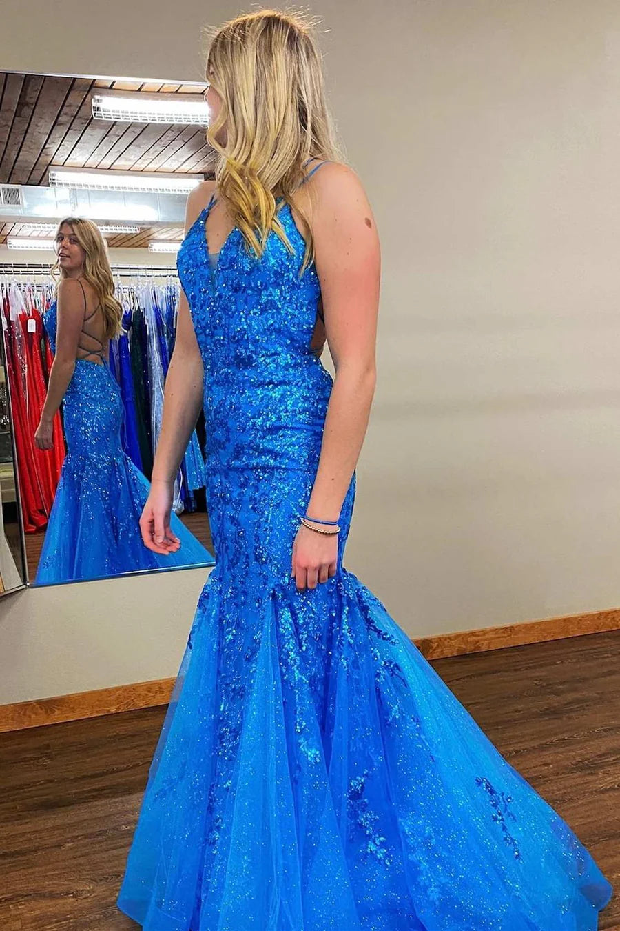 Zadie | Mermaid V Neck Sequins Lace Long Prom Dresses with Appliques