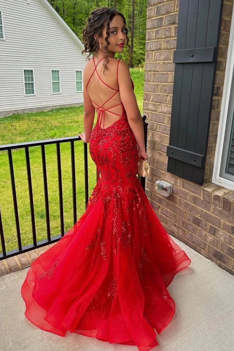 Zadie | Mermaid V Neck Sequins Lace Long Prom Dresses with Appliques