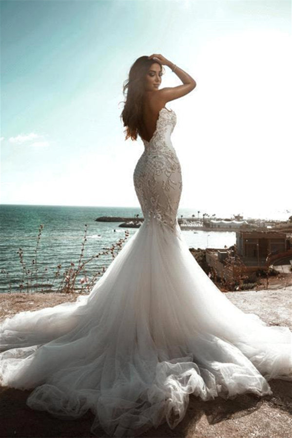 Mermaid V-neck Strapless Sequined Lace Applique Floor-length Sleeveless Open Back Wedding Dress