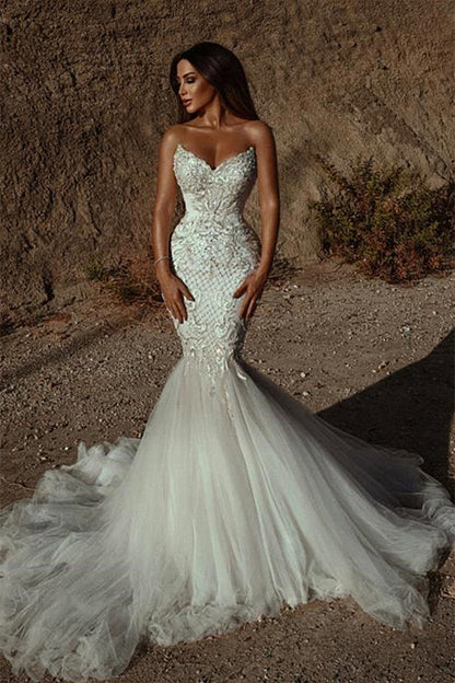 Mermaid V-neck Strapless Sequined Lace Applique Floor-length Sleeveless Open Back Wedding Dress