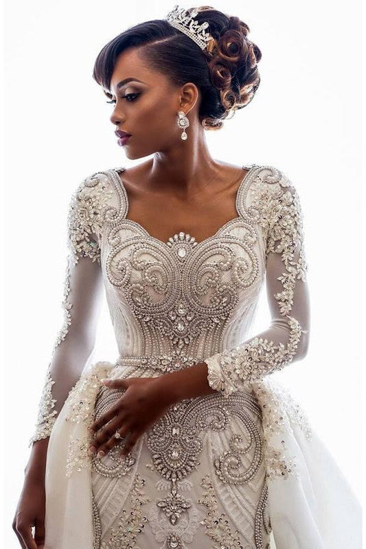 Mermaid Wedding Dresses with Trendy Overskirt Beads Lace Appliques Long Sleeves Bridal Gowns