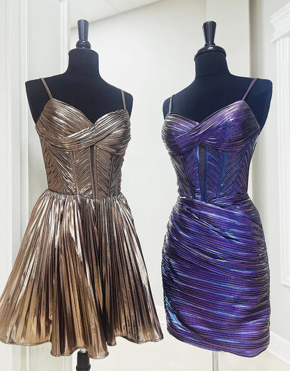 Metallic Gold A-Line Satin Spaghetti Straps Homecoming Dress