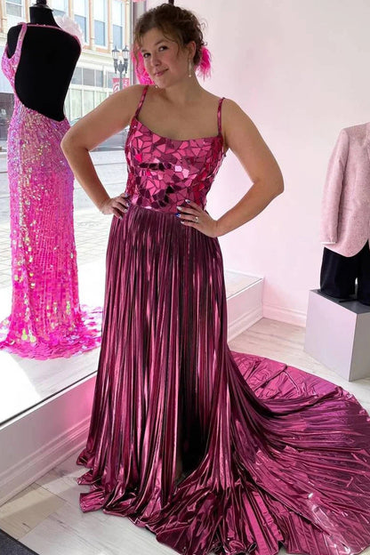 Yesenia | Metallic Off-the-Shoulder Pleated Prom Dress with Broken Mirrors