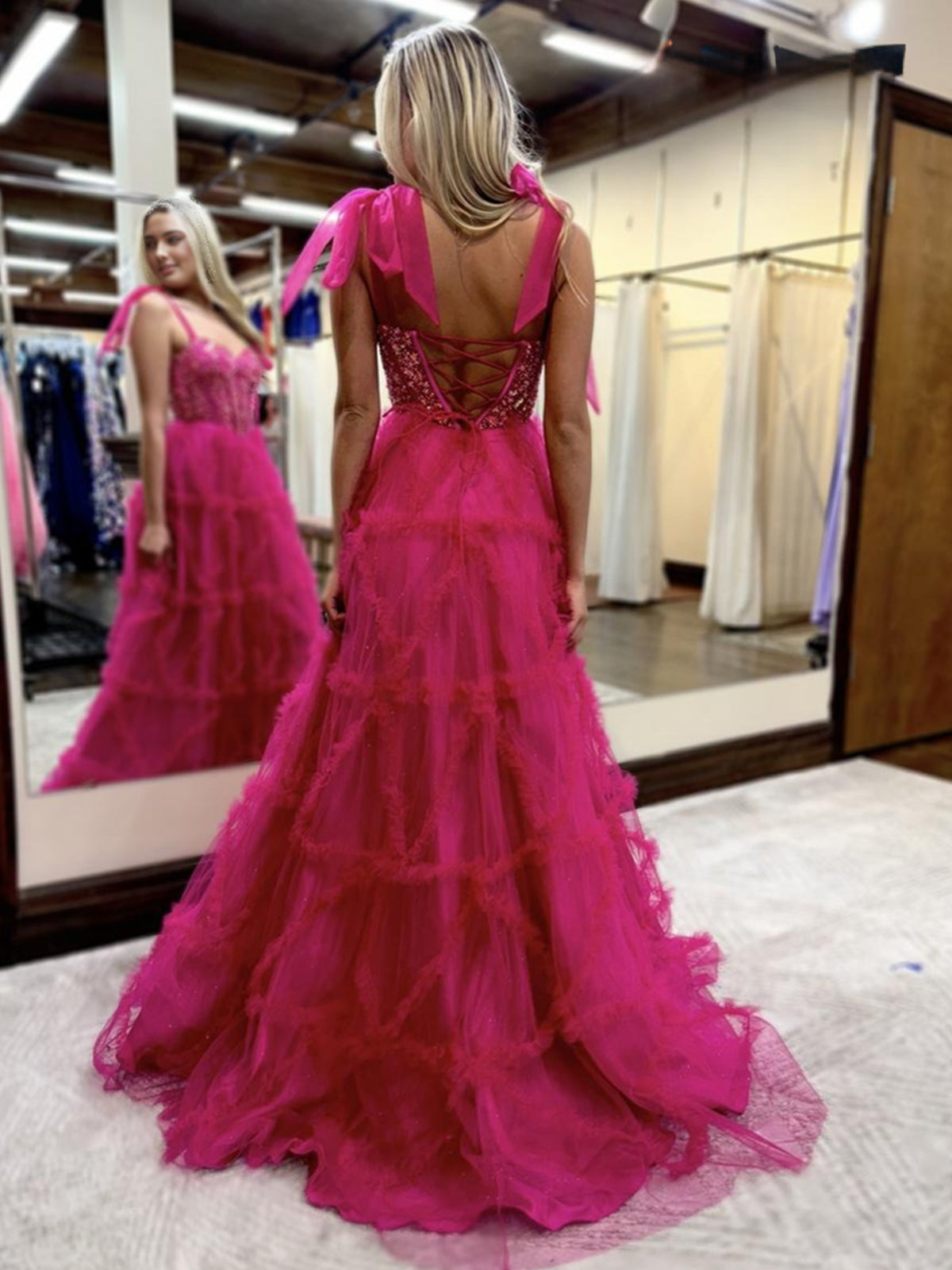 Michaella | Fuchsia A Line Sweetheart Tiered Tulle Long Prom Dresses