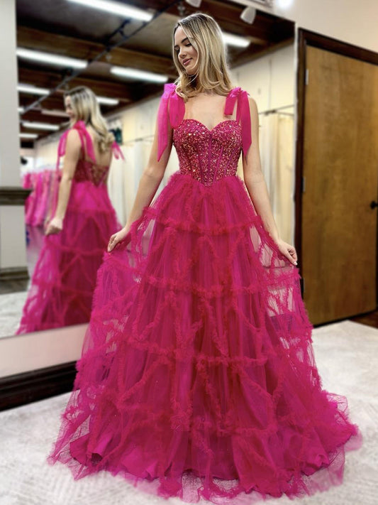 Michaella | Fuchsia A Line Sweetheart Tiered Tulle Long Prom Dresses