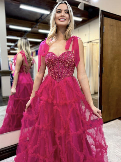 Michaella | Fuchsia A Line Sweetheart Tiered Tulle Long Prom Dresses