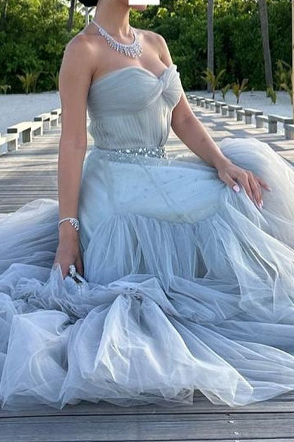 Mika | Strapless A-Line Tulle Long Prom Dress With Beading