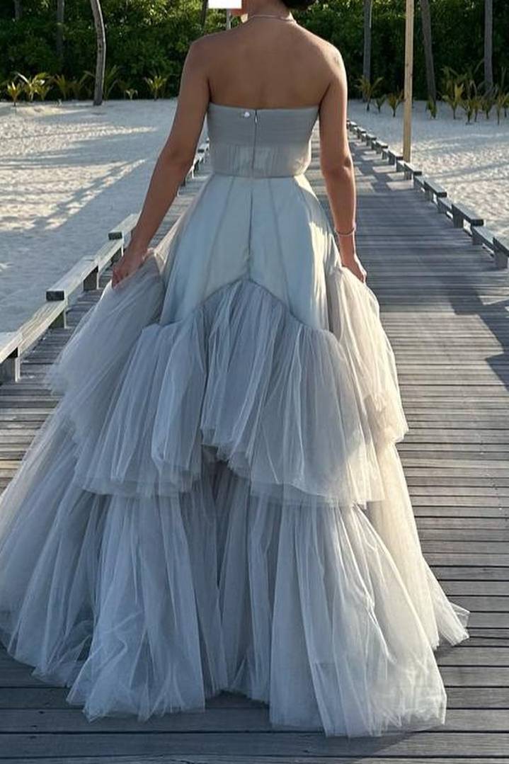 Mika | Strapless A-Line Tulle Long Prom Dress With Beading