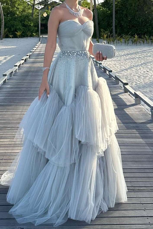 Mika | Strapless A-Line Tulle Long Prom Dress With Beading