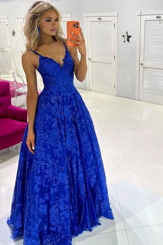 Mikaela | Royal Blue Sequin Lace V-Neck A-Line Long Prom Dress