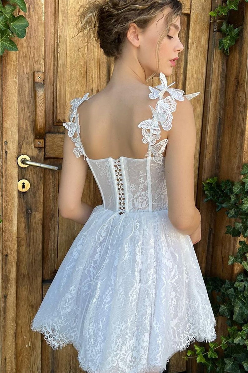 Mini A-line Spaghetti strap Sweetheart Sleeveless Lace Puffy Flowers Wedding Dress