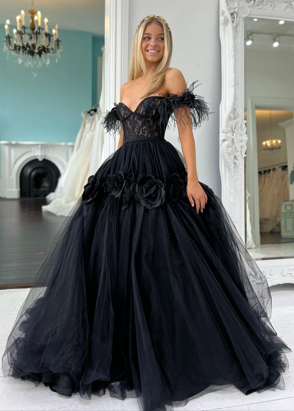 Cali |Princess A-Line Off the Shoulder Lace Tulle Prom Dress