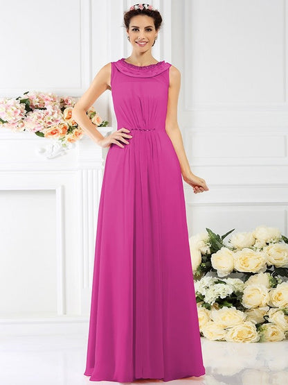 Modern Bateau Beading Sleeveless Long Chiffon Bridesmaid Dresses