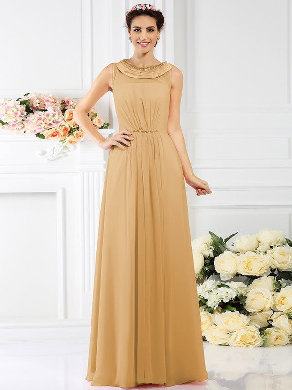 Modern Bateau Beading Sleeveless Long Chiffon Bridesmaid Dresses