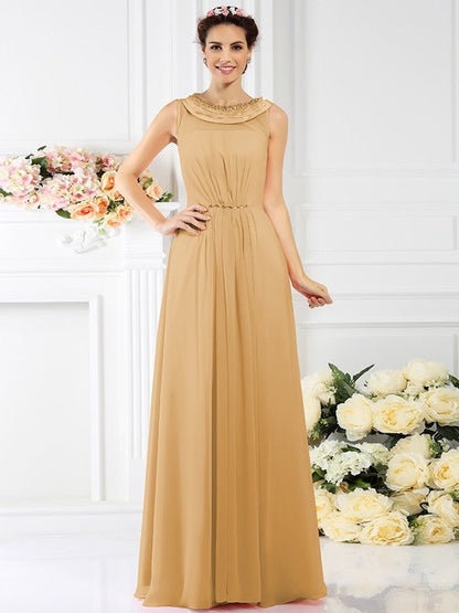 Modern Bateau Beading Sleeveless Long Chiffon Bridesmaid Dresses