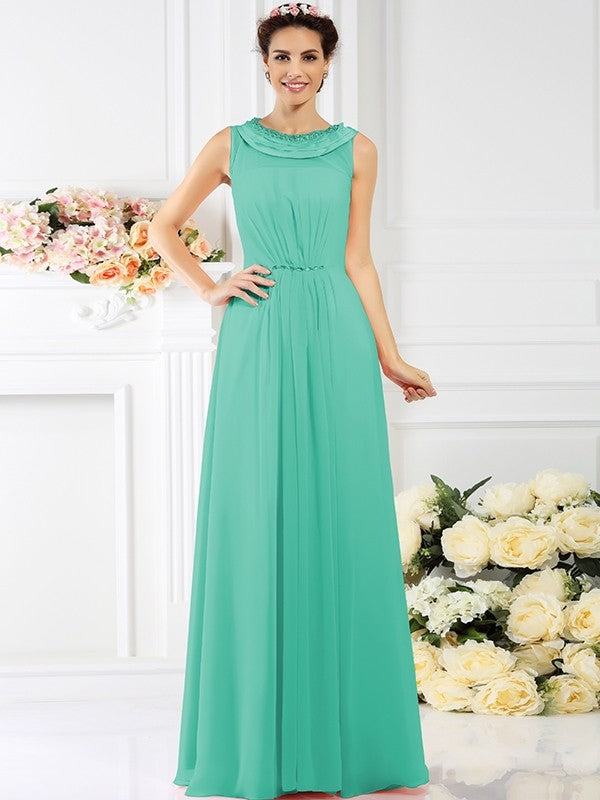 Modern Bateau Beading Sleeveless Long Chiffon Bridesmaid Dresses