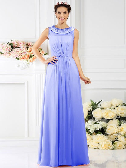 Modern Bateau Beading Sleeveless Long Chiffon Bridesmaid Dresses