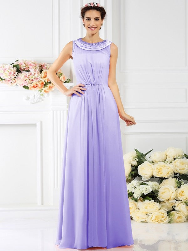 Modern Bateau Beading Sleeveless Long Chiffon Bridesmaid Dresses