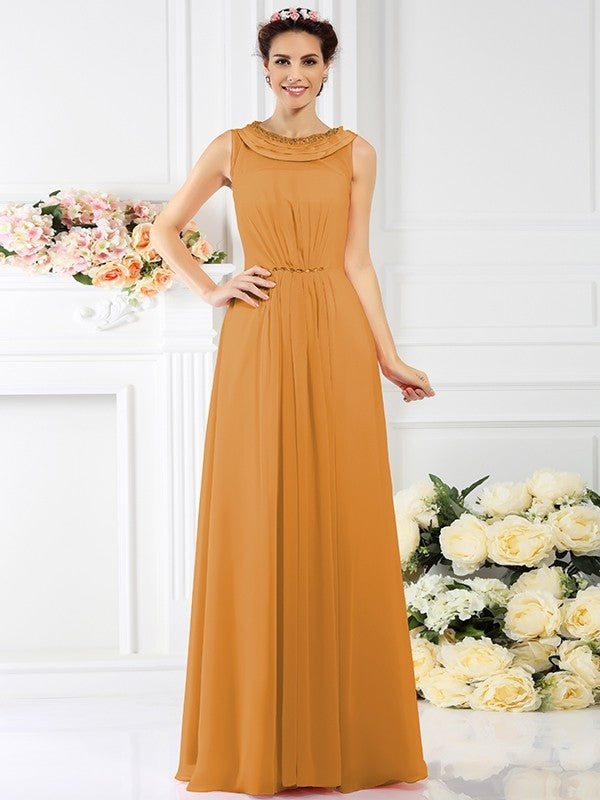 Modern Bateau Beading Sleeveless Long Chiffon Bridesmaid Dresses