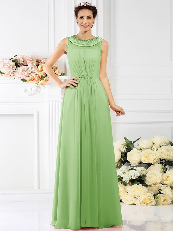 Modern Bateau Beading Sleeveless Long Chiffon Bridesmaid Dresses