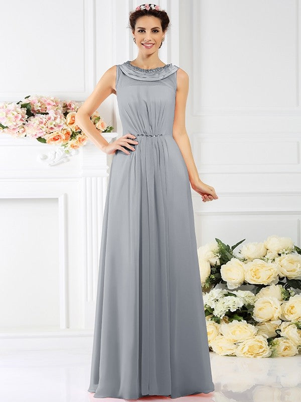 Modern Bateau Beading Sleeveless Long Chiffon Bridesmaid Dresses