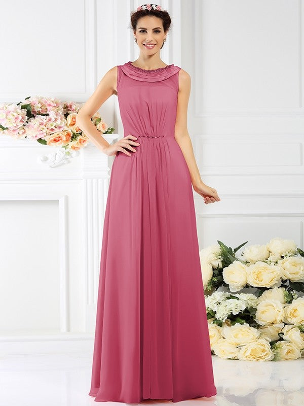 Modern Bateau Beading Sleeveless Long Chiffon Bridesmaid Dresses