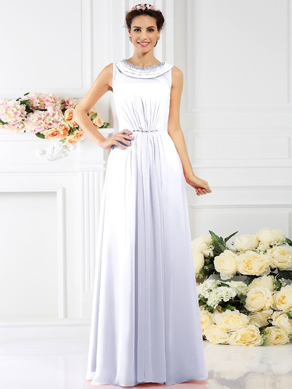 Modern Bateau Beading Sleeveless Long Chiffon Bridesmaid Dresses