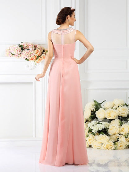 Modern Bateau Beading Sleeveless Long Chiffon Bridesmaid Dresses