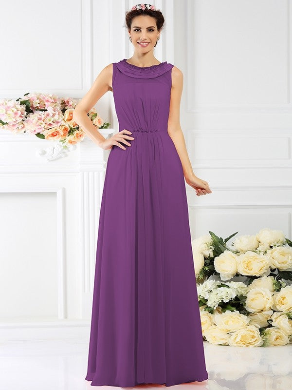 Modern Bateau Beading Sleeveless Long Chiffon Bridesmaid Dresses