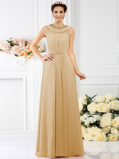 Modern Bateau Beading Sleeveless Long Chiffon Bridesmaid Dresses