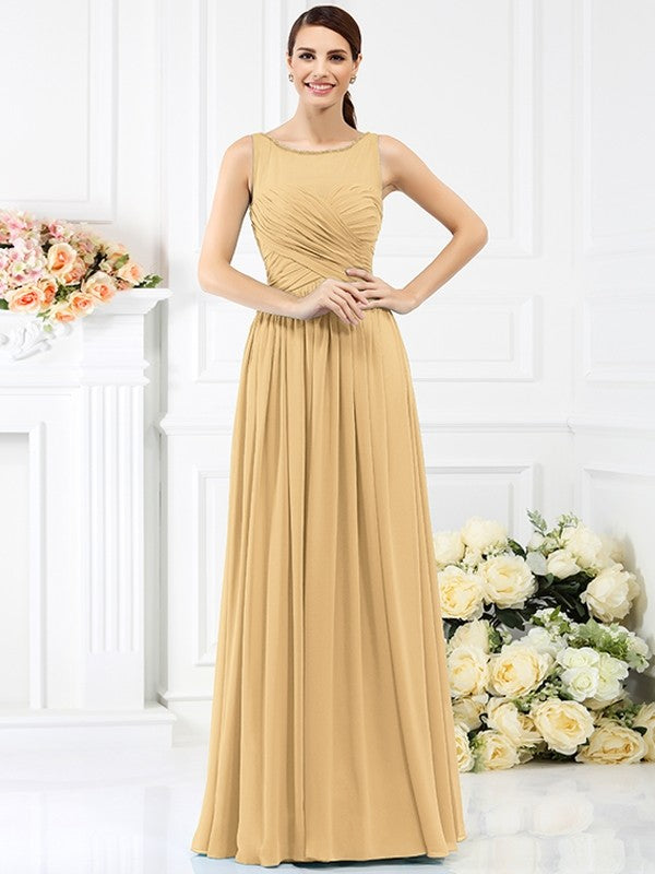 Modern Bateau Pleats Sleeveless Long Chiffon Bridesmaid Dresses