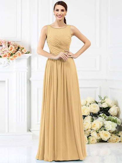 Modern Bateau Pleats Sleeveless Long Chiffon Bridesmaid Dresses