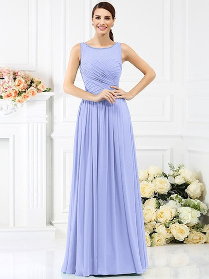 Modern Bateau Pleats Sleeveless Long Chiffon Bridesmaid Dresses