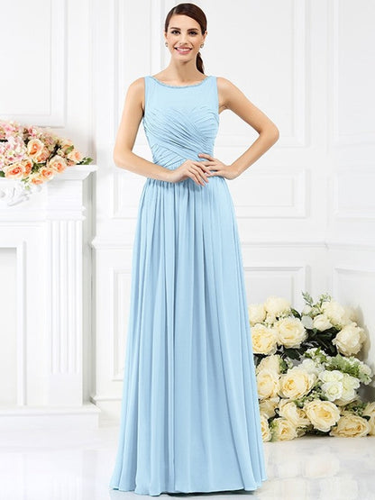 Modern Bateau Pleats Sleeveless Long Chiffon Bridesmaid Dresses