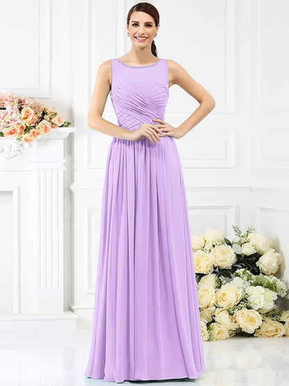 Modern Bateau Pleats Sleeveless Long Chiffon Bridesmaid Dresses