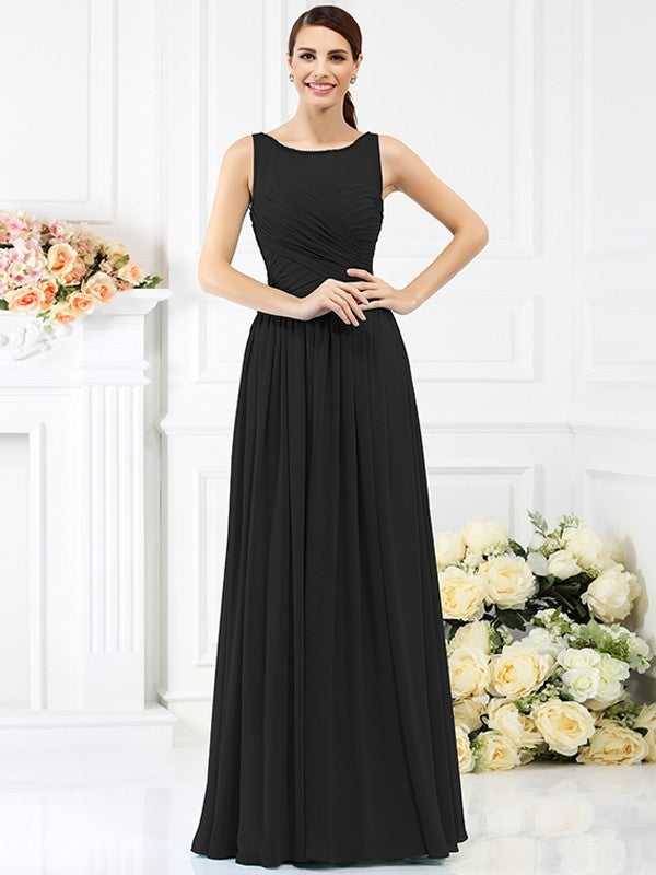 Modern Bateau Pleats Sleeveless Long Chiffon Bridesmaid Dresses