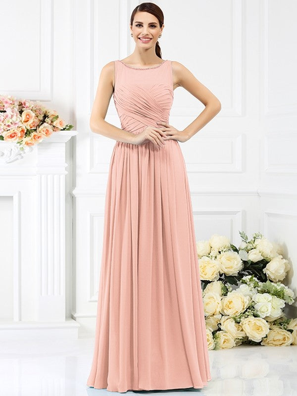 Modern Bateau Pleats Sleeveless Long Chiffon Bridesmaid Dresses